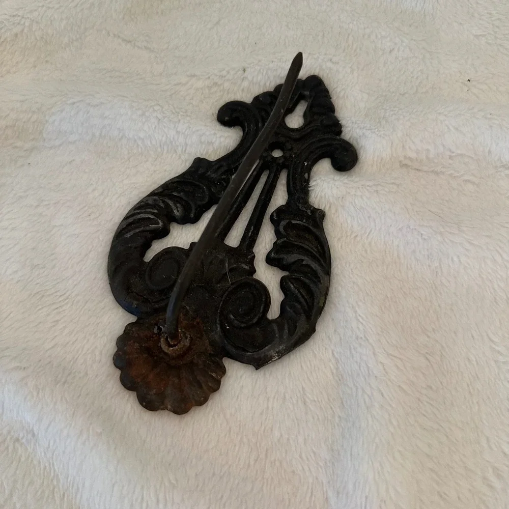 Vintage Lyre Wall Hook Black Cast Iron Victorian Scroll Decor Primitive Rustic
